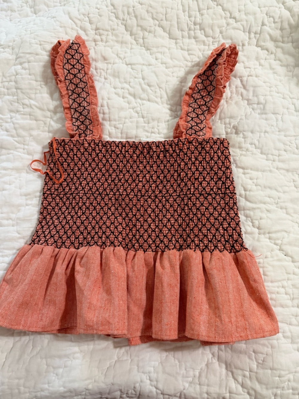 Anthropologie Coral Smocked Ruffle Strap Crop Top with Black Stitching